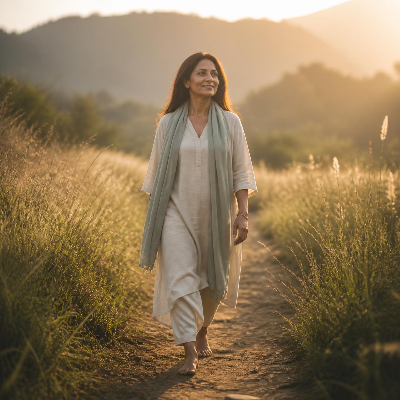 Indian woman walking peacefully in nature at golden hour